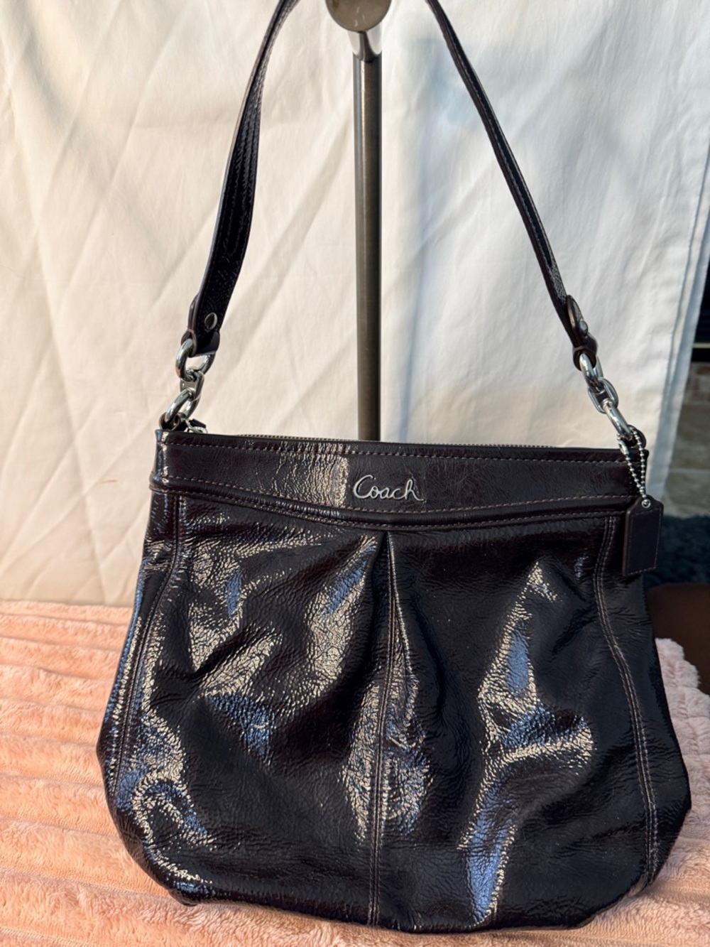 Coach Brown Patent Leather Shoulder Bag with Silver Hardware